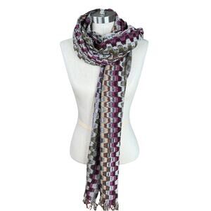 NWOT Vintage Missoni Scarf, Wool Blend, Purple Geometric Zigzag, Fringe, Italy